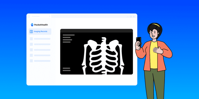 Illustration of a patient holding her phone looking at her X-rays on PocketHealth