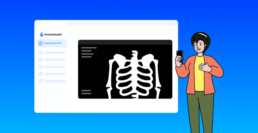 Illustration of a patient holding her phone looking at her X-rays on PocketHealth