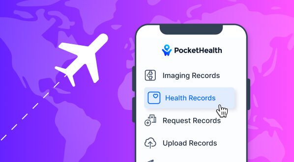 Health records on a mobile phone with a plane in the back