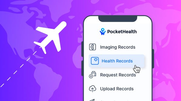 Health records on a mobile phone with a plane in the back