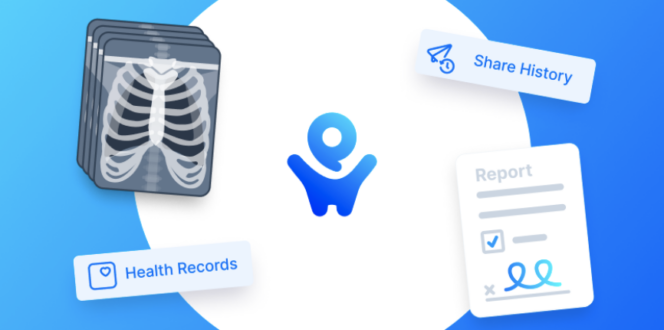 PocketHealth logo surrounded by chest x-ray, health records, share history and medical report