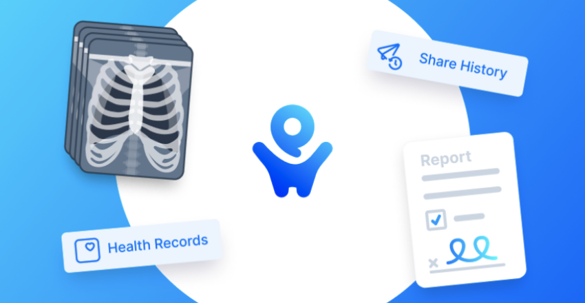 PocketHealth logo surrounded by chest x-ray, health records, share history and medical report