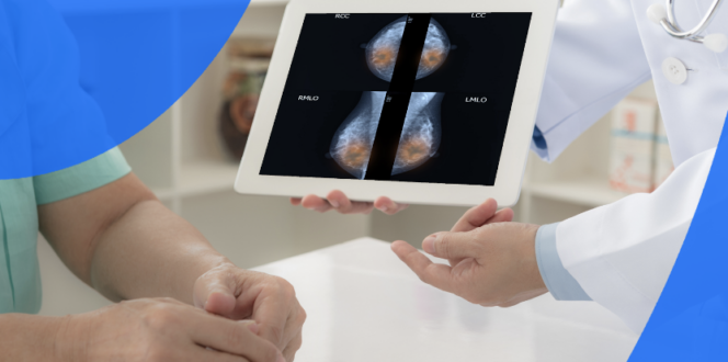 Doctor showing a patient mammograms on a tablet