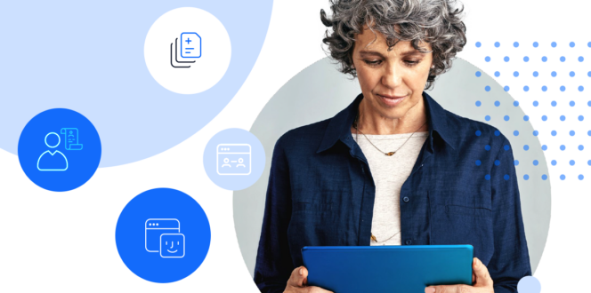 Woman on tablet with icons