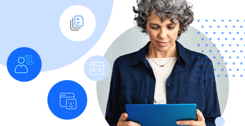 Woman on tablet with icons