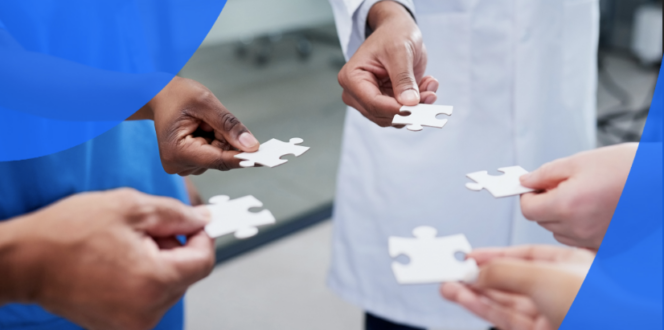 Health professionals reaching out with puzzle pieces