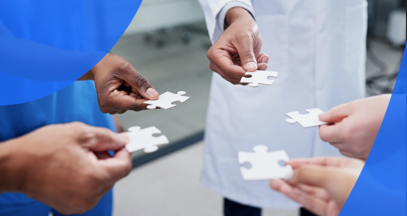 Health professionals reaching out with puzzle pieces