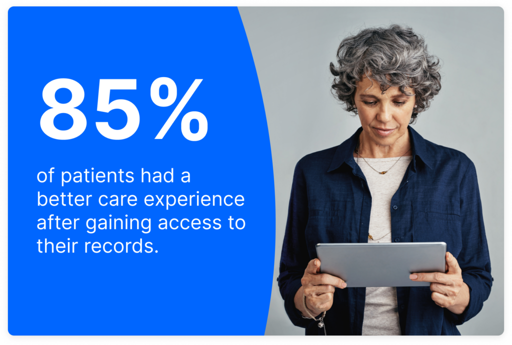 85% of patients had a better care experience after gaining access to their records next to woman reading tablet device.