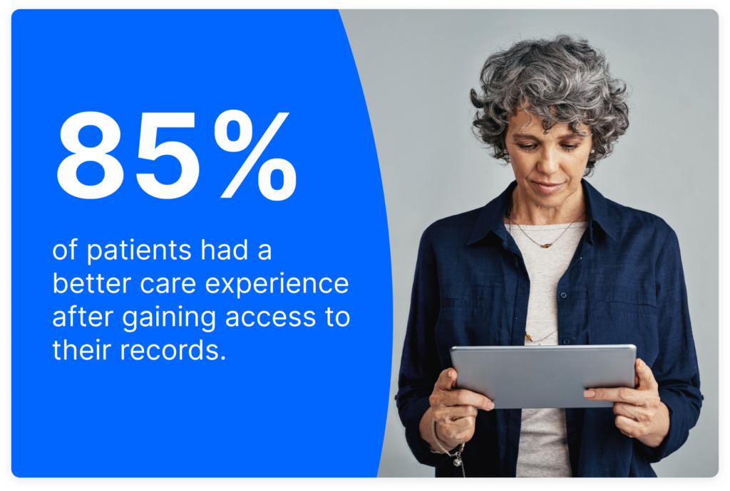 85% of patients had a better care experience after gaining access to their records next to woman reading tablet device.