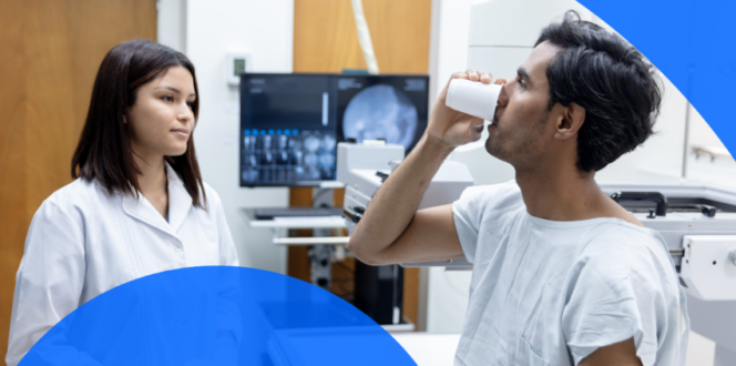 abdominal CT scan with contrast male patient drinking contrast solution before CT scan