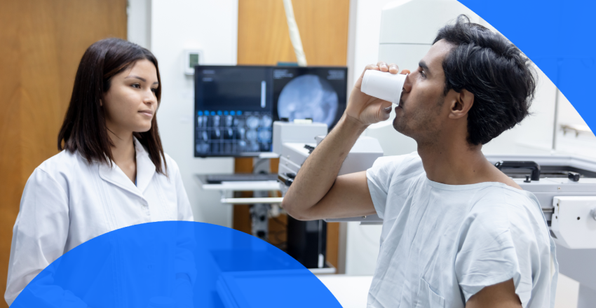 abdominal CT scan with contrast male patient drinking contrast solution before CT scan