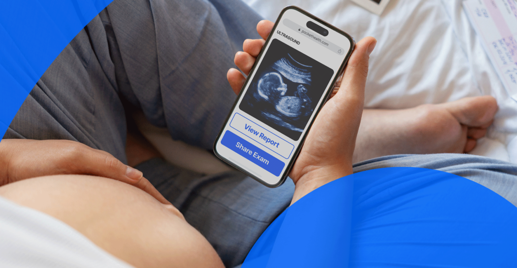 A pregnant person looking at their pregnancy ultrasound report on PocketHealth