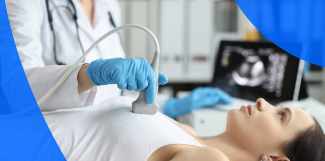 A technician performing a breast ultrasound