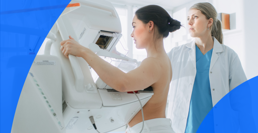 A patient getting a mammogram done