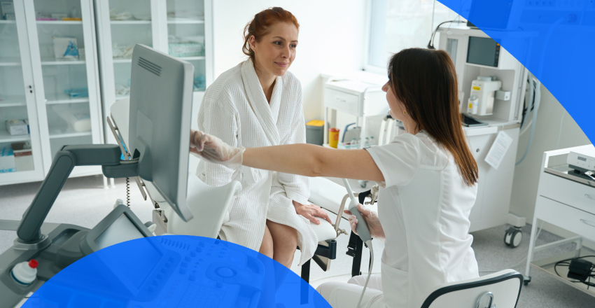 Patient talking to the technician before a transvaginal ultrasound