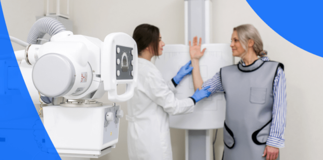 Patient getting an X-ray with technician