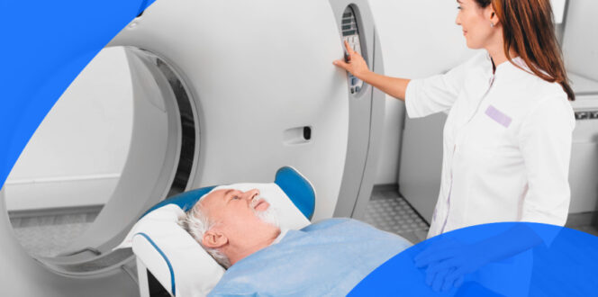 Patient and technician during a CT scan