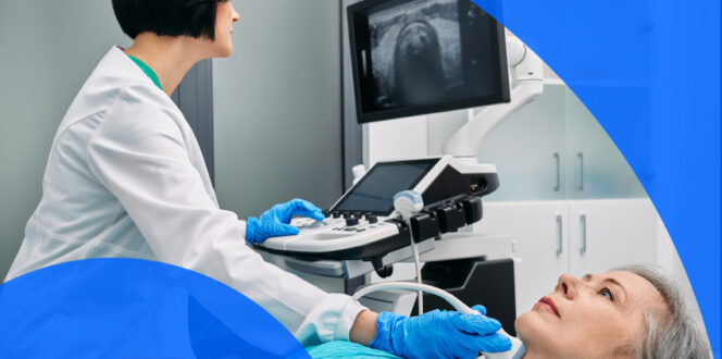 An ultrasound technician performing an ultrasound on a patient for thyroid cancer management.