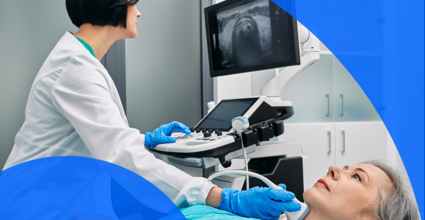 An ultrasound technician performing an ultrasound on a patient for thyroid cancer management.