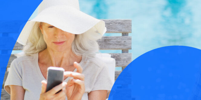 Woman on vacation viewing her canadian electronic health records on her smartphone