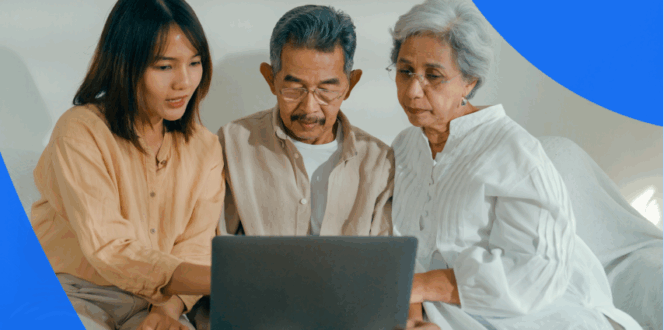 Young adult assists elderly couple in managing their online medical records in Ontario