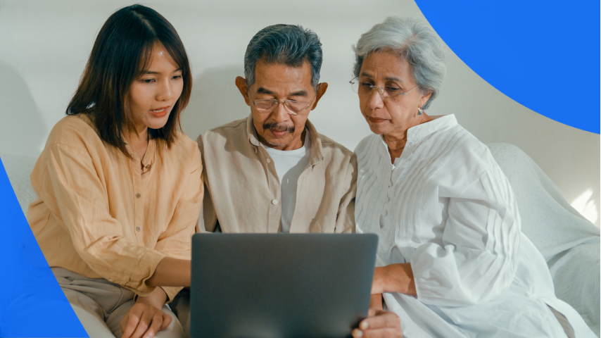 Young adult assists elderly couple in managing their online medical records in Ontario