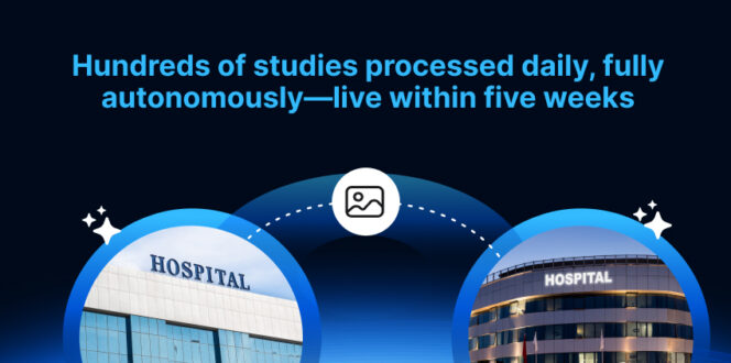 Visual of two major IDNs linked by an AI workflow with text overlay Hundreds of studies processed daily, fully autonomously—live within five weeks