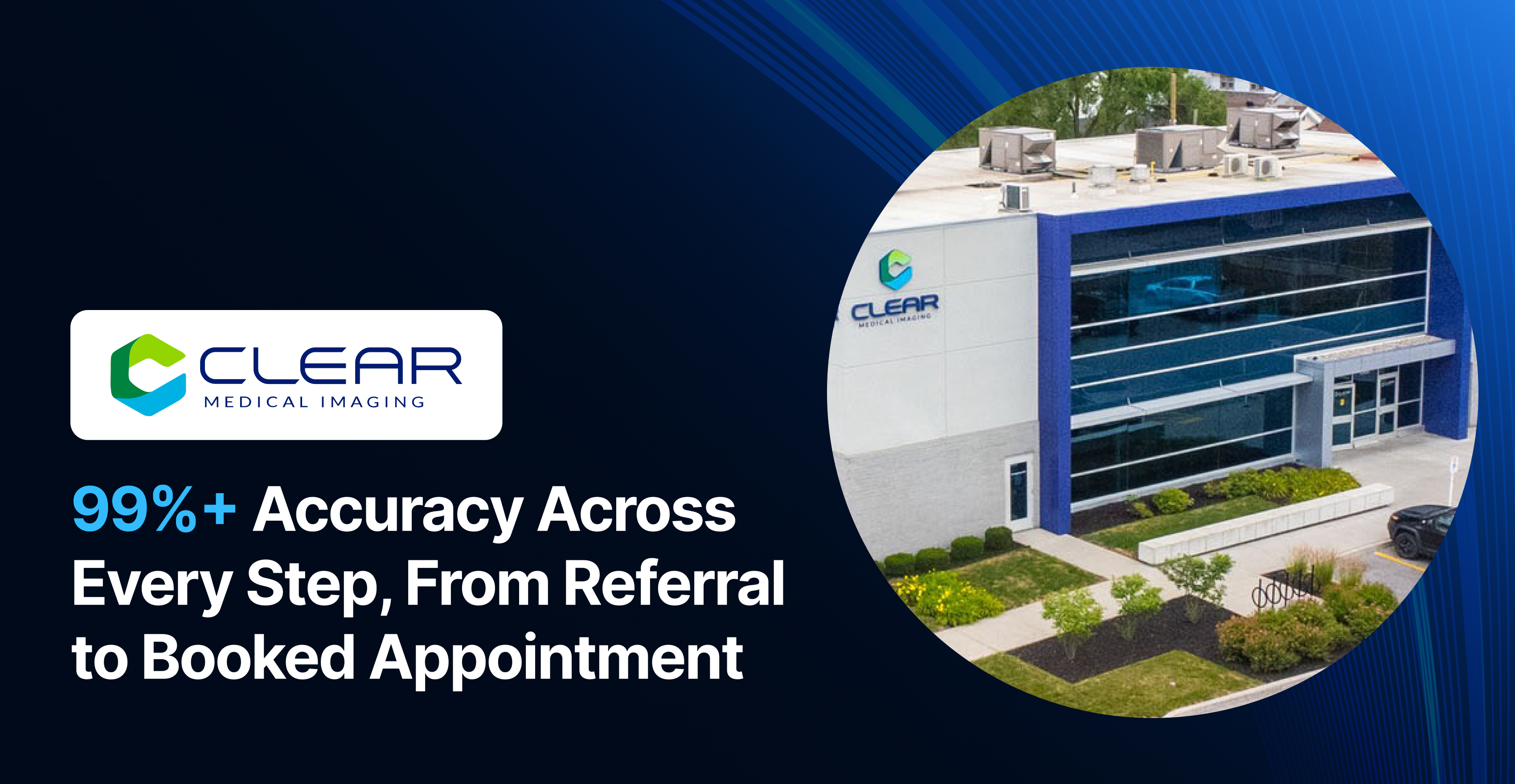 Clear Medical Imaging facility exterior with logo, alongside text reading '99%+ Accuracy Across Every Step, From Referral to Booked Appointment' — achieved with PocketHealth Conductor.