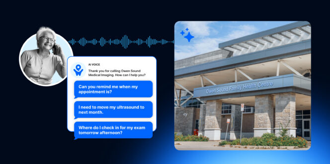 An older woman on the phone with PocketHealth's AI Voice assistant at Owen Sound Medical Imaging, asking about her appointment time, rescheduling an ultrasound and check-in location, next to a photo of the Owen Sound Family Health Centre building.