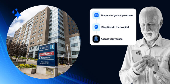 St. Joseph's Healthcare Hamilton Charlton Campus and a senior man on his phone preparing for his appointment and viewing results.
