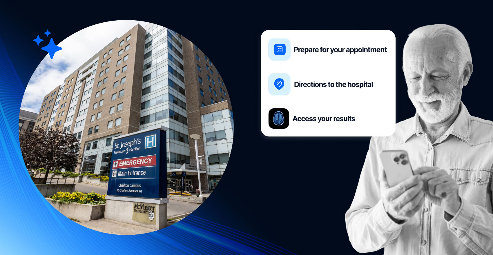 St. Joseph's Healthcare Hamilton Charlton Campus and a senior man on his phone preparing for his appointment and viewing results.