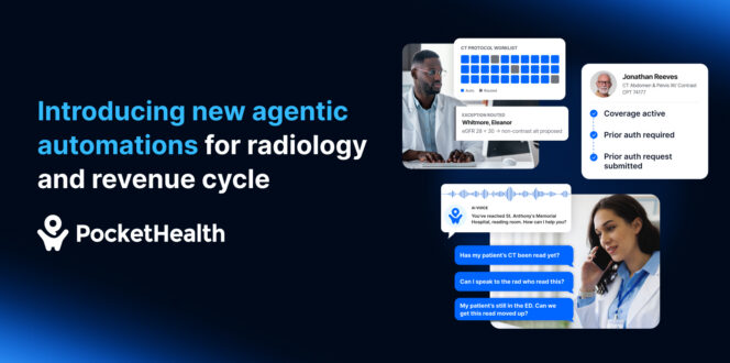 “Introducing new agentic automations for radiology and revenue cycle” and the PocketHealth logo. Product screens show a radiologist next to a protocol worklist, a patient card confirming coverage and a submitted prior authorization request, and a clinician on the phone with an AI voice agent. answering a hospital reading room line.
