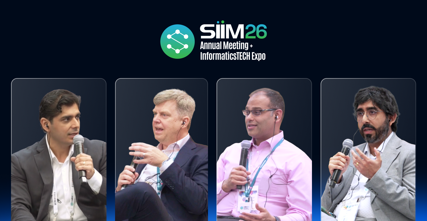SIIM26 Annual Meeting + InformaticsTECH Expo logo above photos of four panelists speaking into microphones during the agentic AI panel discussion